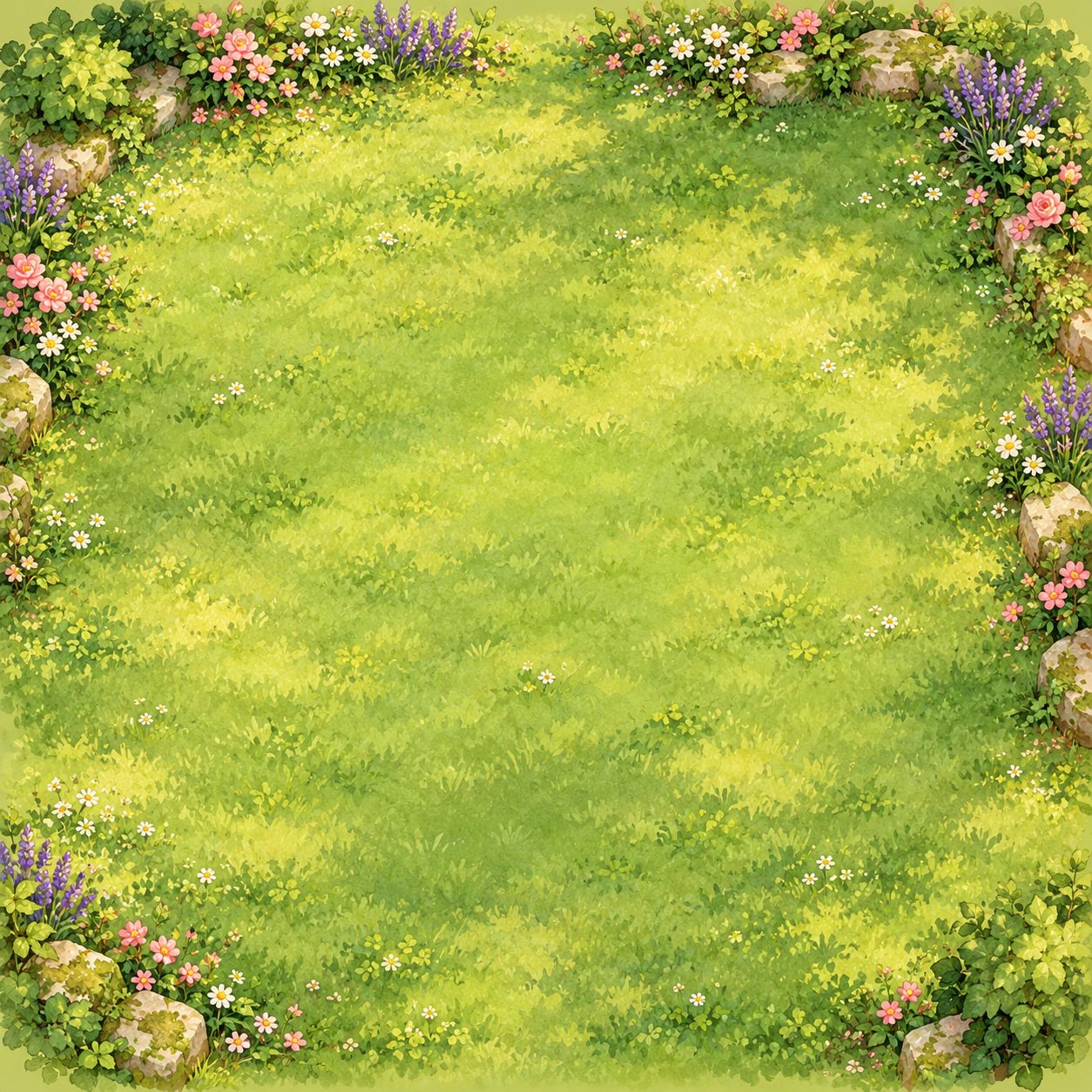 Illustrated grassy garden framed with colorful flowers